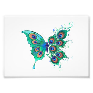 Butterfly with Green Peacock Feathers Photo Print