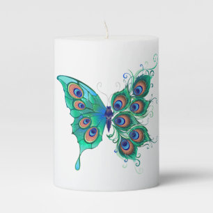 Butterfly with Green Peacock Feathers Pillar Candle