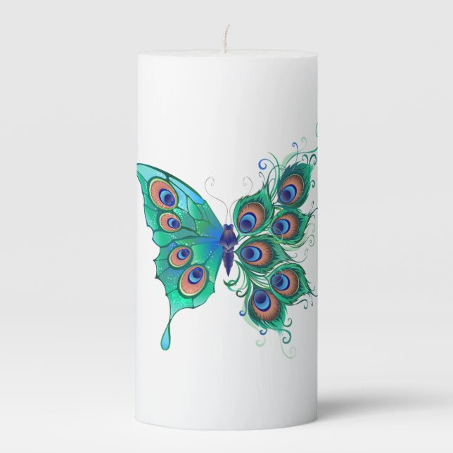 Butterfly with Green Peacock Feathers Pillar Candle (Front)