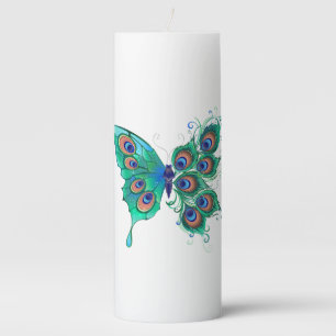 Butterfly with Green Peacock Feathers Pillar Candle