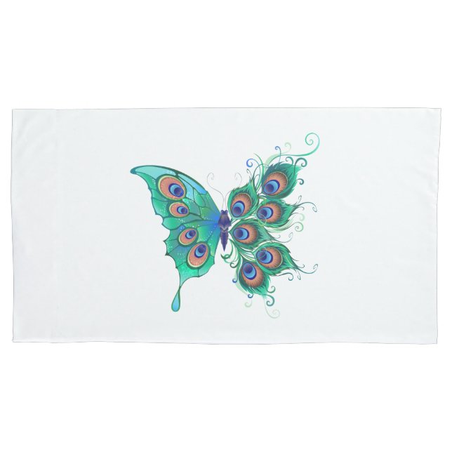 Butterfly with Green Peacock Feathers Pillow Case (Front)