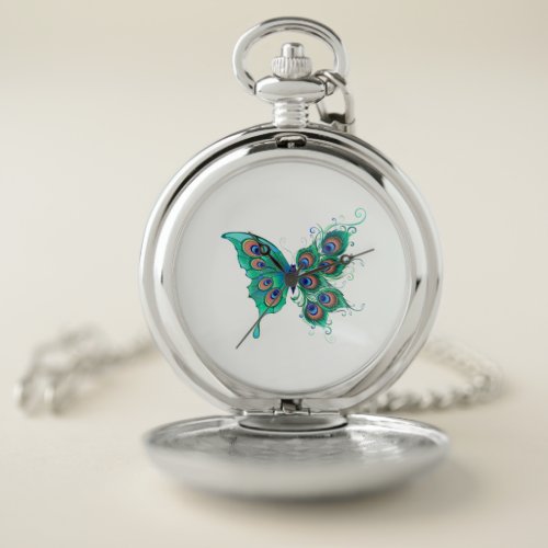 Butterfly with Green Peacock Feathers Pocket Watch