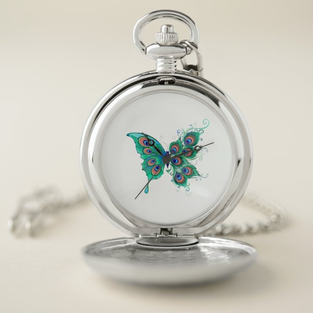 Butterfly with Green Peacock Feathers Pocket Watch (Inside)