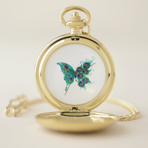 Butterfly with Green Peacock Feathers Pocket Watch