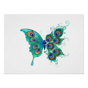 Butterfly with Green Peacock Feathers Poster