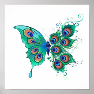 Butterfly with Green Peacock Feathers Poster