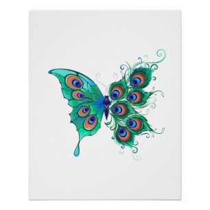Butterfly with Green Peacock Feathers Poster