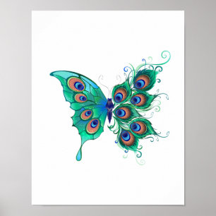 Butterfly with Green Peacock Feathers Poster