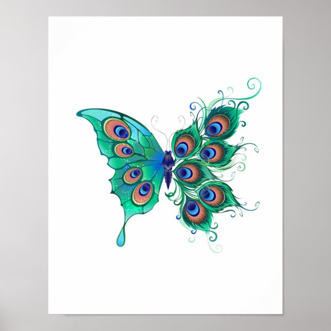Butterfly with Green Peacock Feathers Poster (Front)