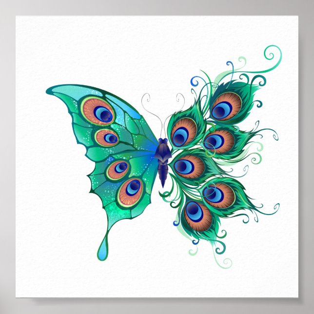 Butterfly with Green Peacock Feathers Poster (Front)