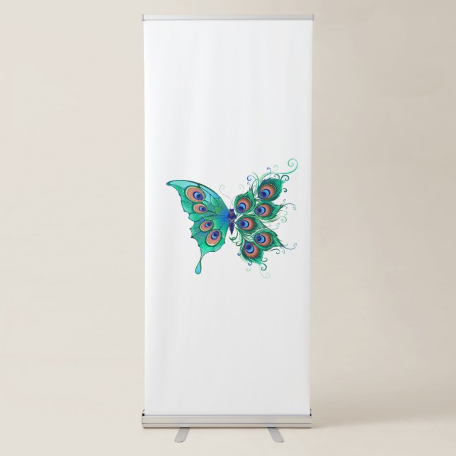 Butterfly with Green Peacock Feathers Retractable Banner (Front)