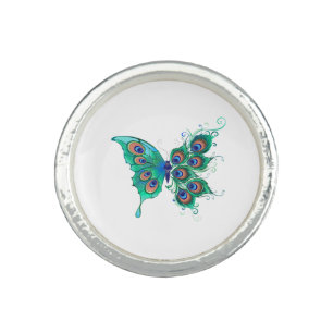 Butterfly with Green Peacock Feathers Ring