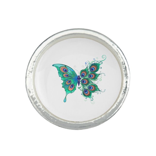Butterfly with Green Peacock Feathers Ring (Front)