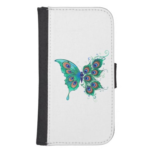 Butterfly with Green Peacock Feathers Galaxy S4 Wallet Case