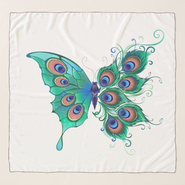 Butterfly with Green Peacock Feathers Scarf (Front)