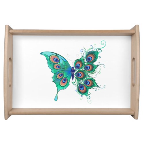 Butterfly with Green Peacock Feathers Serving Tray