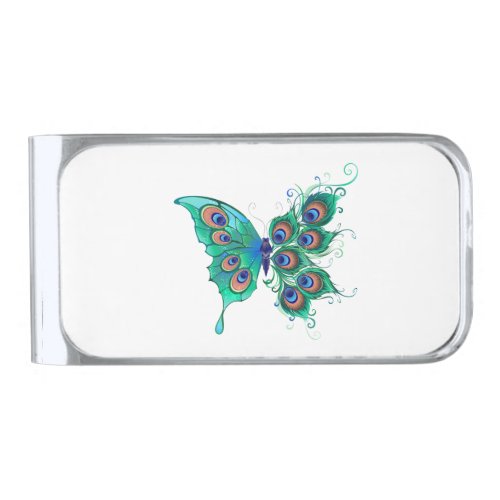 Butterfly with Green Peacock Feathers Silver Finish Money Clip
