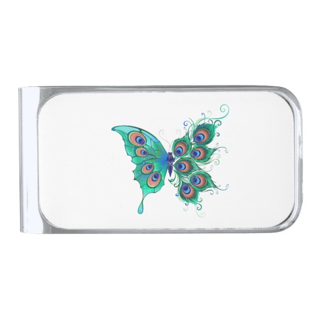 Butterfly with Green Peacock Feathers Silver Finish Money Clip (Front)