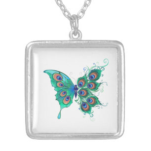 Butterfly with Green Peacock Feathers Silver Plated Necklace