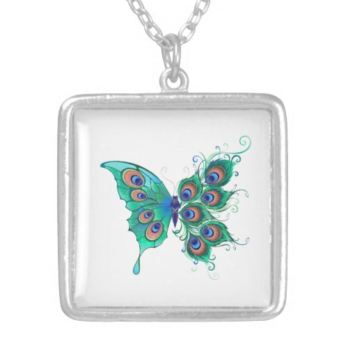 Butterfly with Green Peacock Feathers Silver Plated Necklace