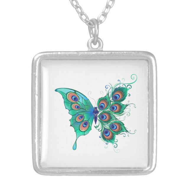 Butterfly with Green Peacock Feathers Silver Plated Necklace (Front)