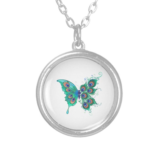Butterfly with Green Peacock Feathers Silver Plated Necklace (Front)
