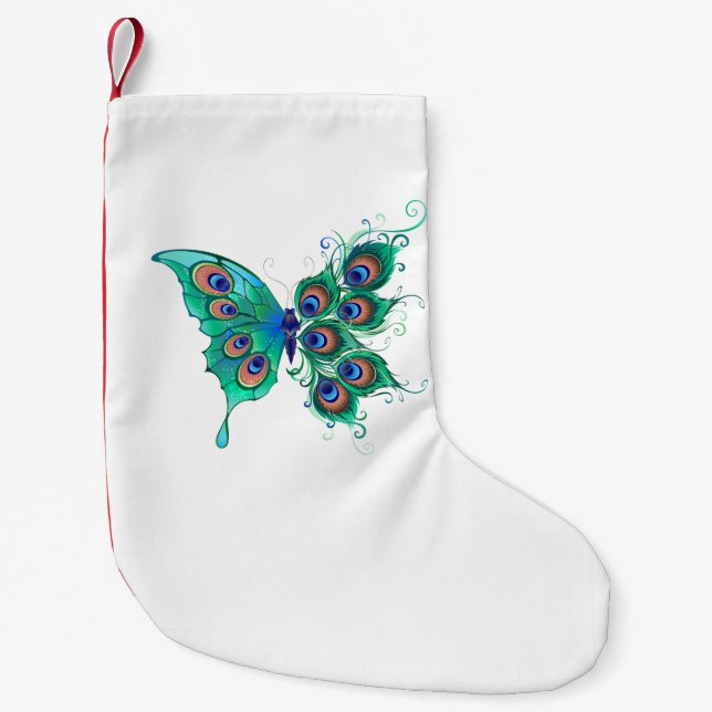Butterfly with Green Peacock Feathers Small Christmas Stocking (Front)