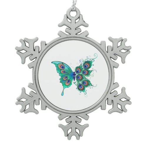 Butterfly with Green Peacock Feathers Snowflake Pewter Christmas Ornament