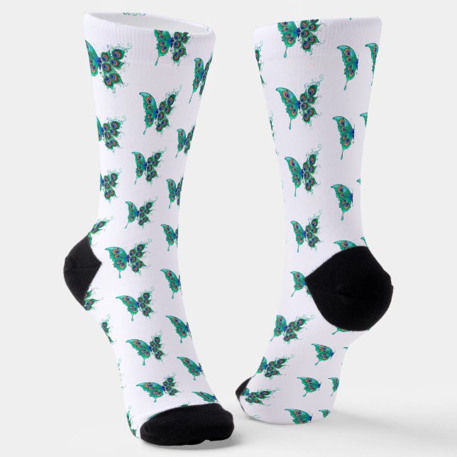 Butterfly with Green Peacock Feathers Socks (Angled)
