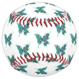 Butterfly with Green Peacock Feathers Softball