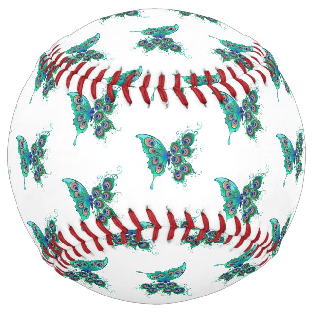 Butterfly with Green Peacock Feathers Softball (Front)