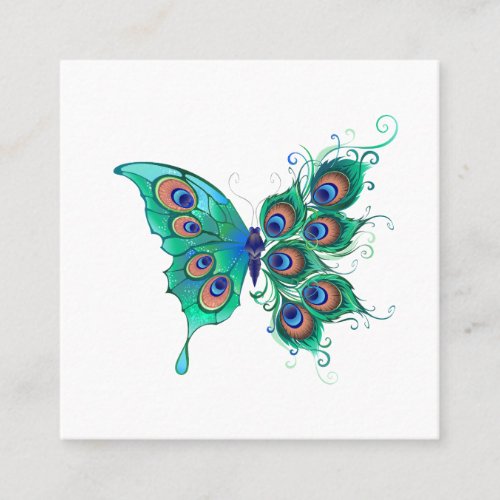 Butterfly with Green Peacock Feathers Square Business Card