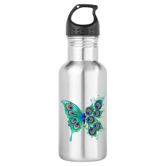 Butterfly with Green Peacock Feathers Stainless Steel Water Bottle (Front)