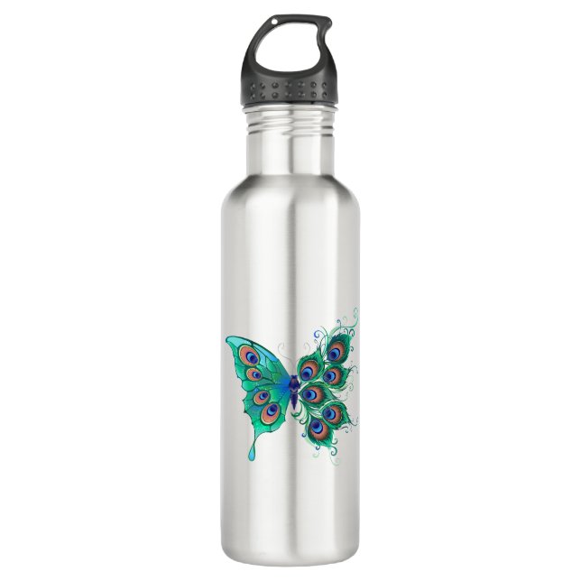 Butterfly with Green Peacock Feathers Stainless Steel Water Bottle (Front)