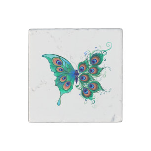 Butterfly with Green Peacock Feathers Stone Magnet