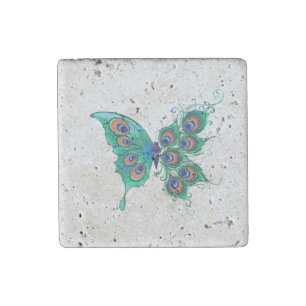 Butterfly with Green Peacock Feathers Stone Magnet
