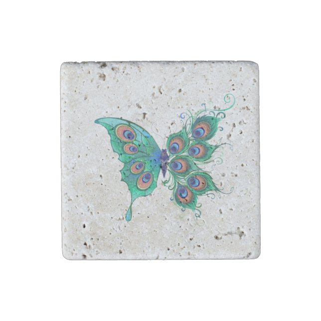 Butterfly with Green Peacock Feathers Stone Magnet (Front)