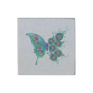 Butterfly with Green Peacock Feathers Stone Magnet