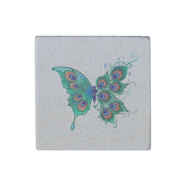 Butterfly with Green Peacock Feathers Stone Magnet (Front)