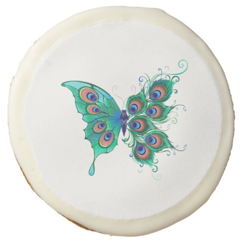 Butterfly with Green Peacock Feathers Sugar Cookie