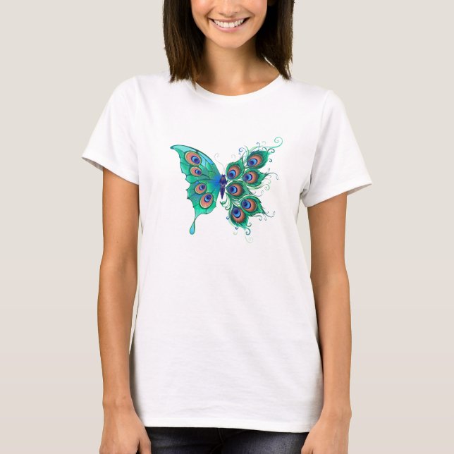 Butterfly with Green Peacock Feathers T-Shirt (Front)