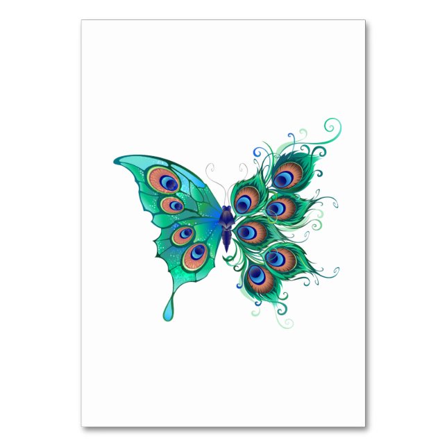 Butterfly with Green Peacock Feathers Table Number (Front)
