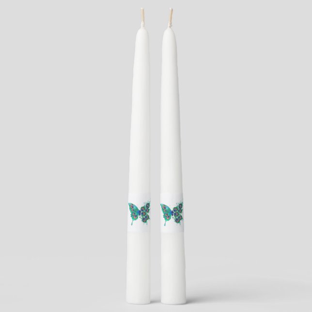 Butterfly with Green Peacock Feathers Taper Candle (Front)