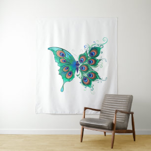 Butterfly with Green Peacock Feathers Tapestry