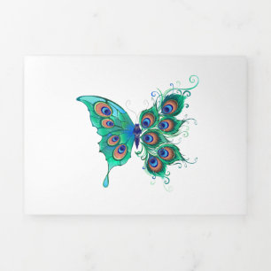 Butterfly with Green Peacock Feathers Tri-Fold Program