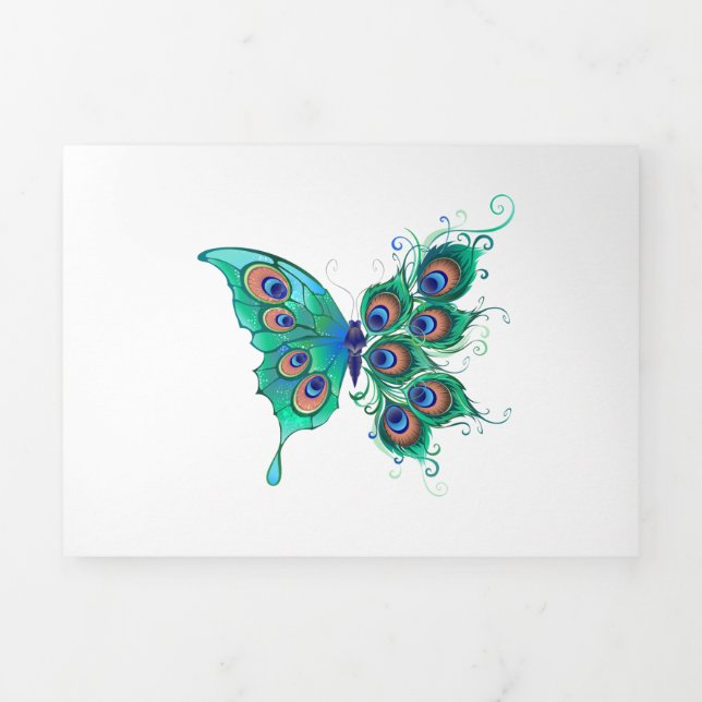 Butterfly with Green Peacock Feathers Tri-Fold Program (Cover)