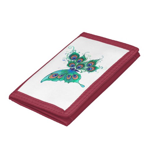 Butterfly with Green Peacock Feathers Trifold Wallet