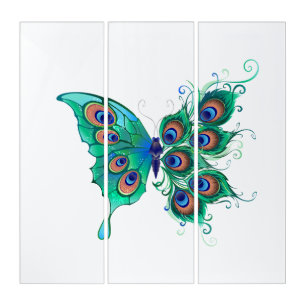 Butterfly with Green Peacock Feathers Triptych