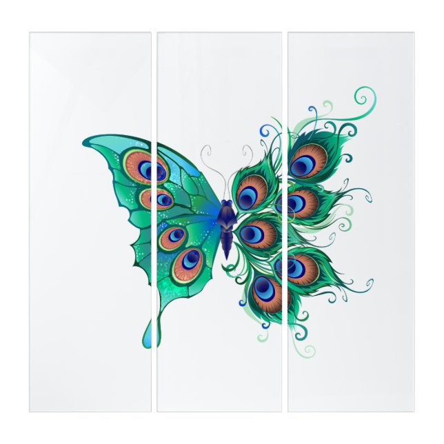 Butterfly with Green Peacock Feathers Triptych (Front)