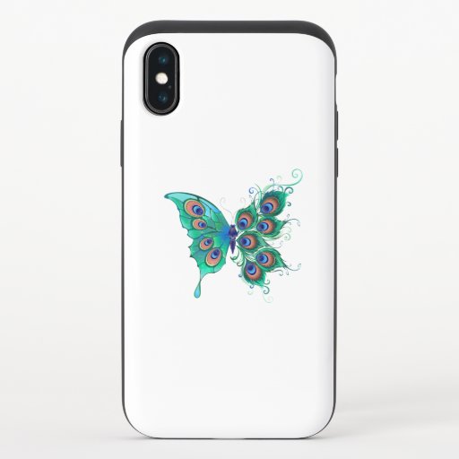 Butterfly with Green Peacock Feathers iPhone XS Slider Case